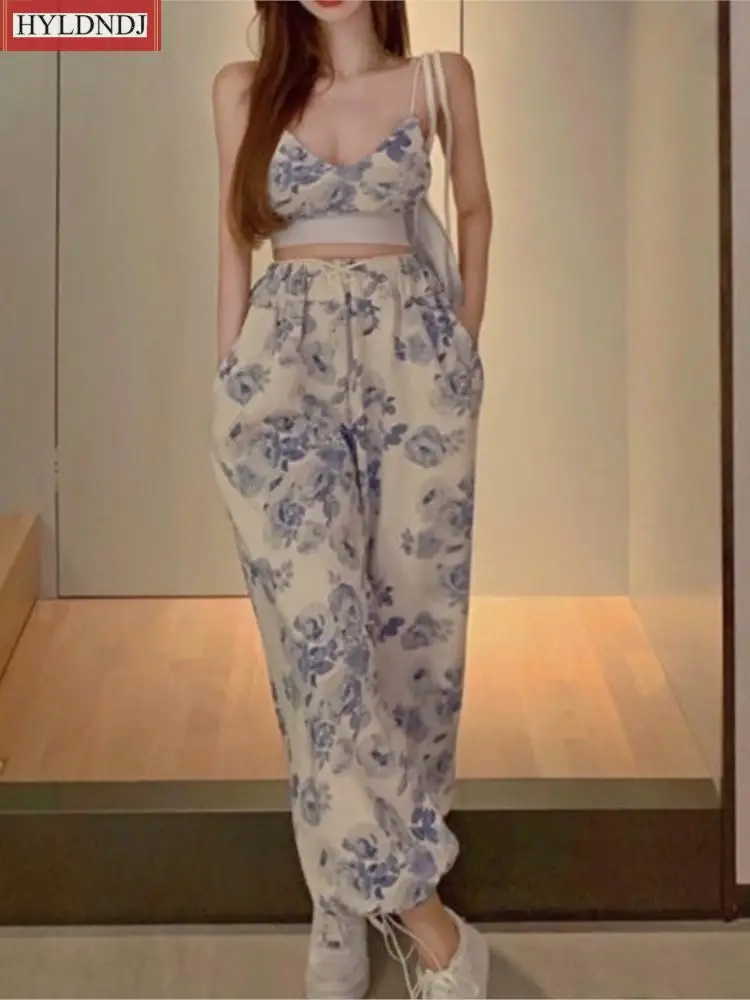 

2023 Elegant Mini Top Long Wide Leg Pants Sexy Floral Two Piece Top Pant Set Women Korean Casual High Street Summer Suits