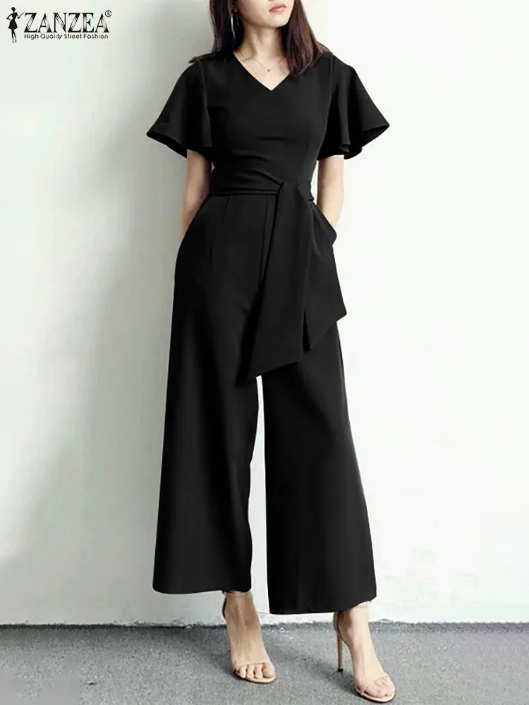 

Women V Neck Short Sleeve Jumpsuits 2022 ZANZEA Fashion Summer Rompers Elegant OL Wide Leg Overalls Solid Work Casual Playsuits