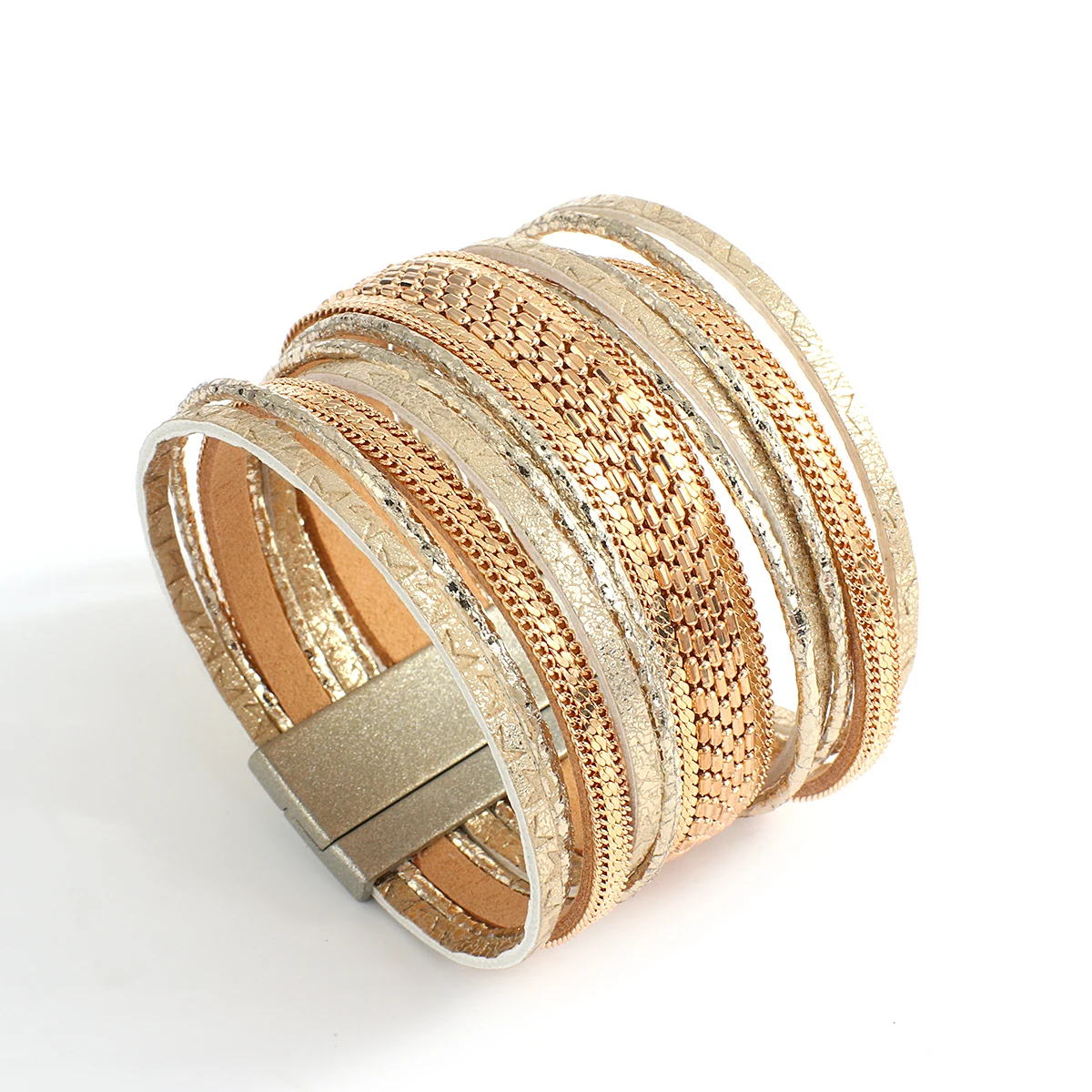 

Amorcome New Genuine Real Leather Cord Wrap Bracelet Multi strand Metallic Chain Layered Cuff Bracelet Gift for Friend