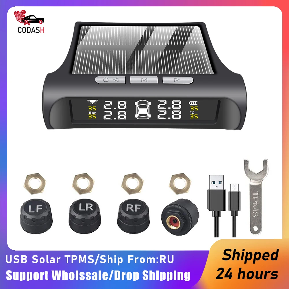 

CODASH Car Tire Pressure Monitoring System TPMS Sensor Solar Power Digital Tyre Pressure External Sensors for 4 Wheel TMPS