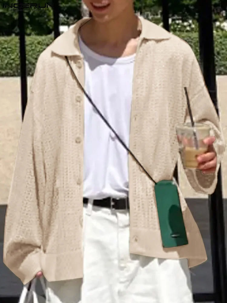 

INCERUN 2022 Men Shirt Hollow Out Transparent Lapel Long Sleeve Leisure Men Clothing Solid Streetwear Korean Casual Cardigan 5XL