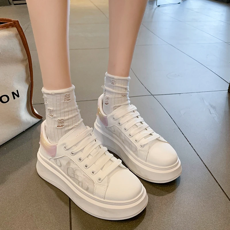 

2023 Fashion White Leather Women Chunky Sneakers White Shoes Lace Up Tenis Feminino Zapatos De Mujer Platform Women Casual Shoe