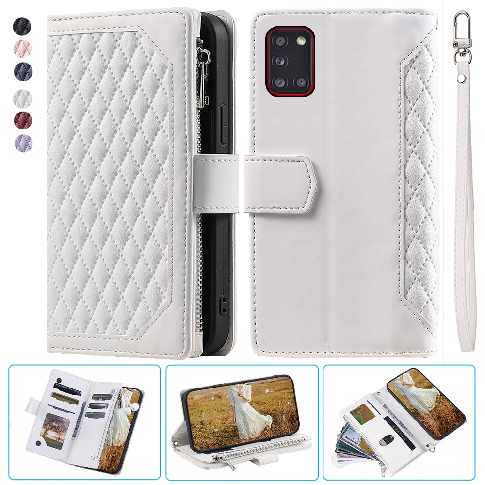 

For Samsung A31 Fashion Small Fragrance Zipper Wallet Leather Case Flip Cover Multi Card Slots Cover Folio with Wrist Strap