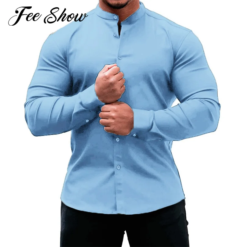 

Handsome Mens Casual Long Sleeve Slim Fit Shirt Business Work Office Formal Shirts Solid Color Stand Collar Button Down Shirts