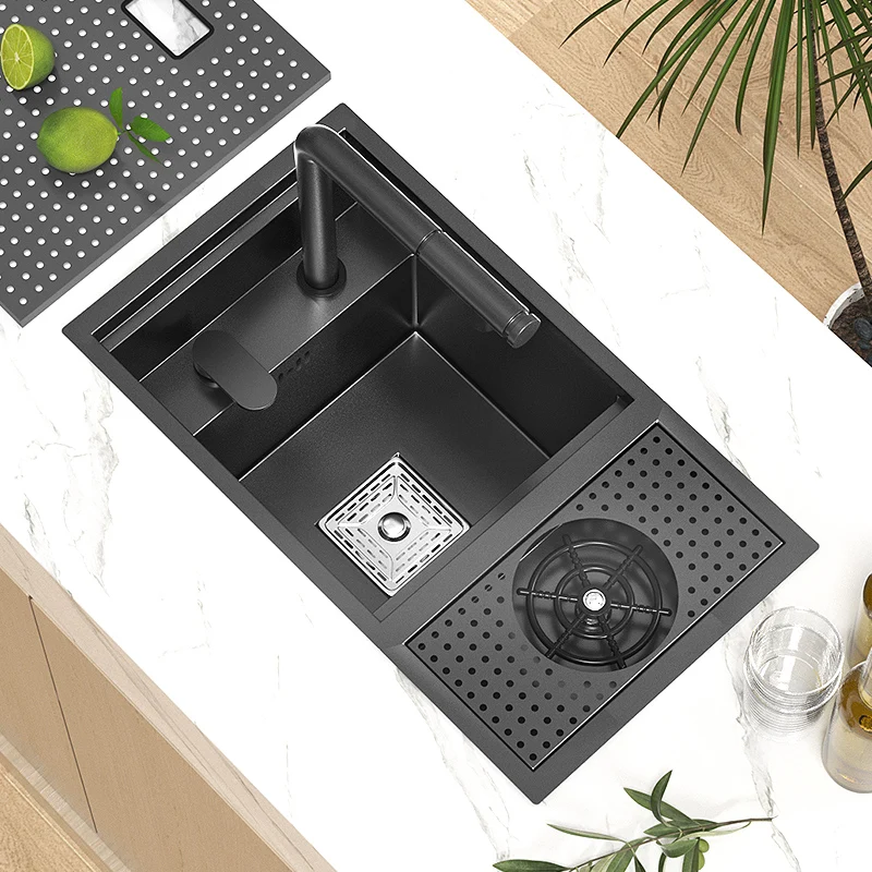 

Kitchen Sink Black Nano Stainless Steel Hidden Wash Basin Small Size Bar Sink With Cup Washer Above Counter Apron Front for Home