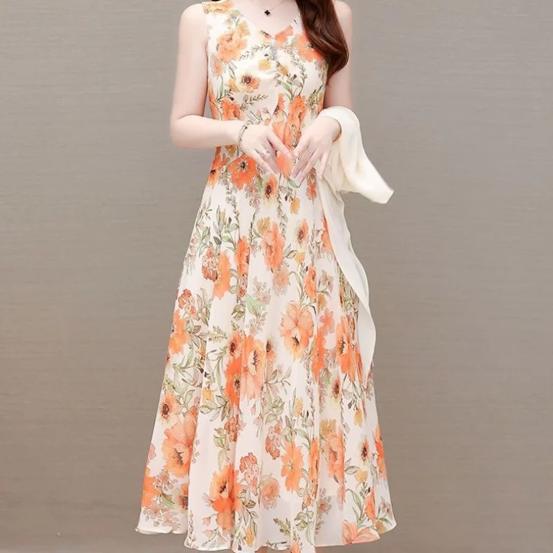 Dress Women's Summer 2023 New High End Fashion Sun Protection Outwear with Reduced Age Fragmented Flower Long Dress
