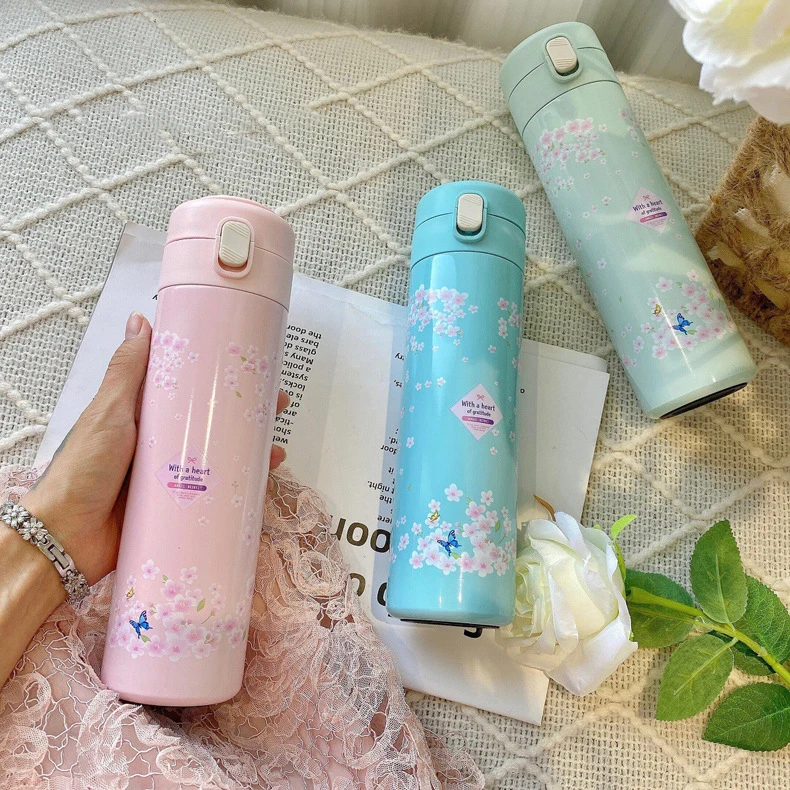 

Vacuum Thermos Bottle 304 Stainless Steel Pink Bomb Cover Cherry Blossom Portable Bottle Warmer Water Bottle Keeps Cold