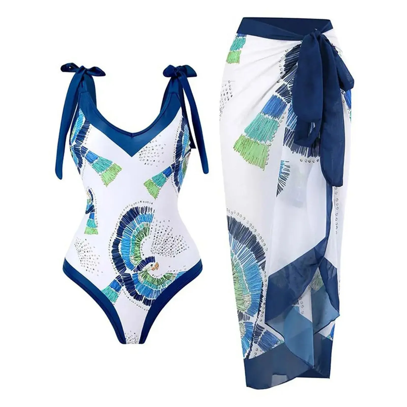 

Women Vintage Colorblock Abstract Floral Print 1 Piece Swimwear+1 Piece Cover UP Solid Swimsuit Beachwear Sports pool Padded