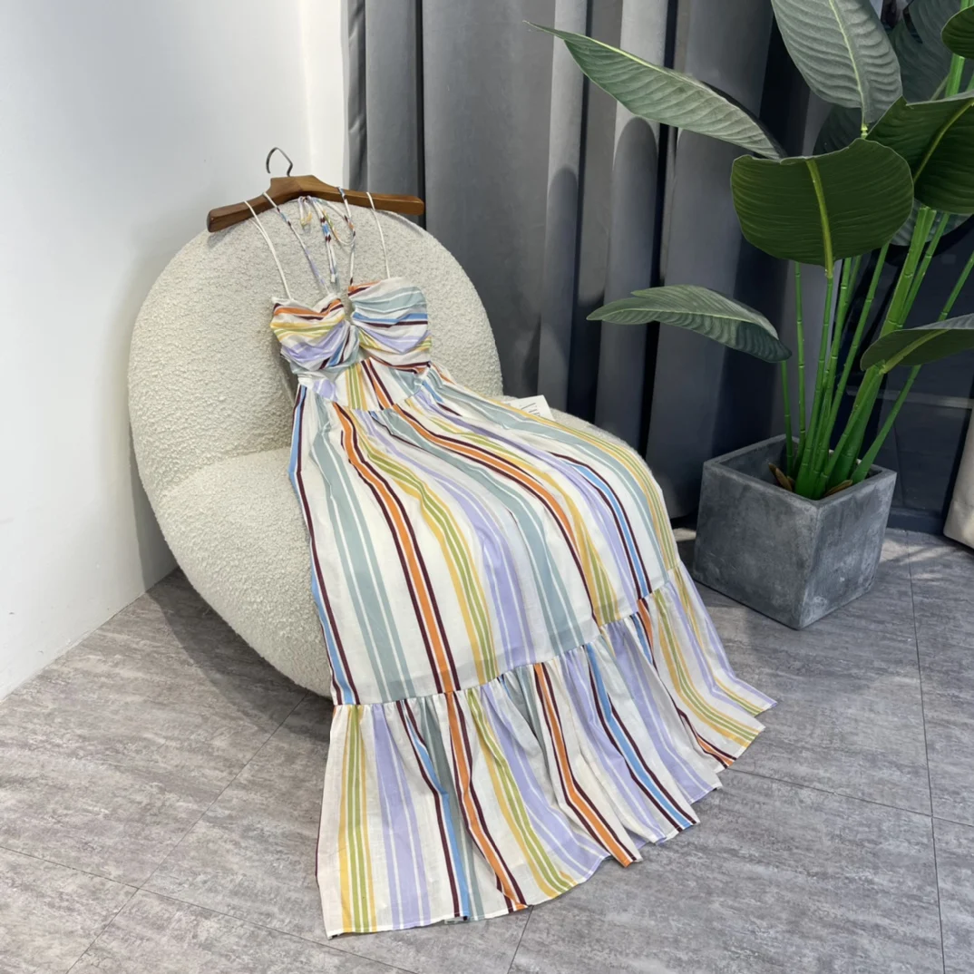 

Camisole Mid-calf Neck-mounted Dress 2022 Summer New Top Quality Women Beach Style Cotton Rainbow Striped Pleated A-line
