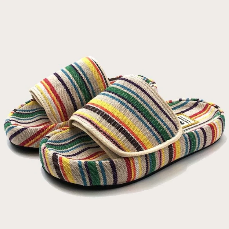

New Summer Slippers Women Retro Rainbow Flat Slides Open Toe Non-slip Casual Sandals Comfort Stripes Light Home Flip-flops Women