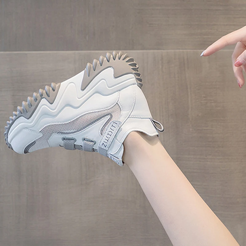 2023 Chunky Sneakers Fashion Genuine Leather Fur Women Vulcanize Mesh New Female Four Seasons Comfy Lace Up Fashion Ladies Shoes