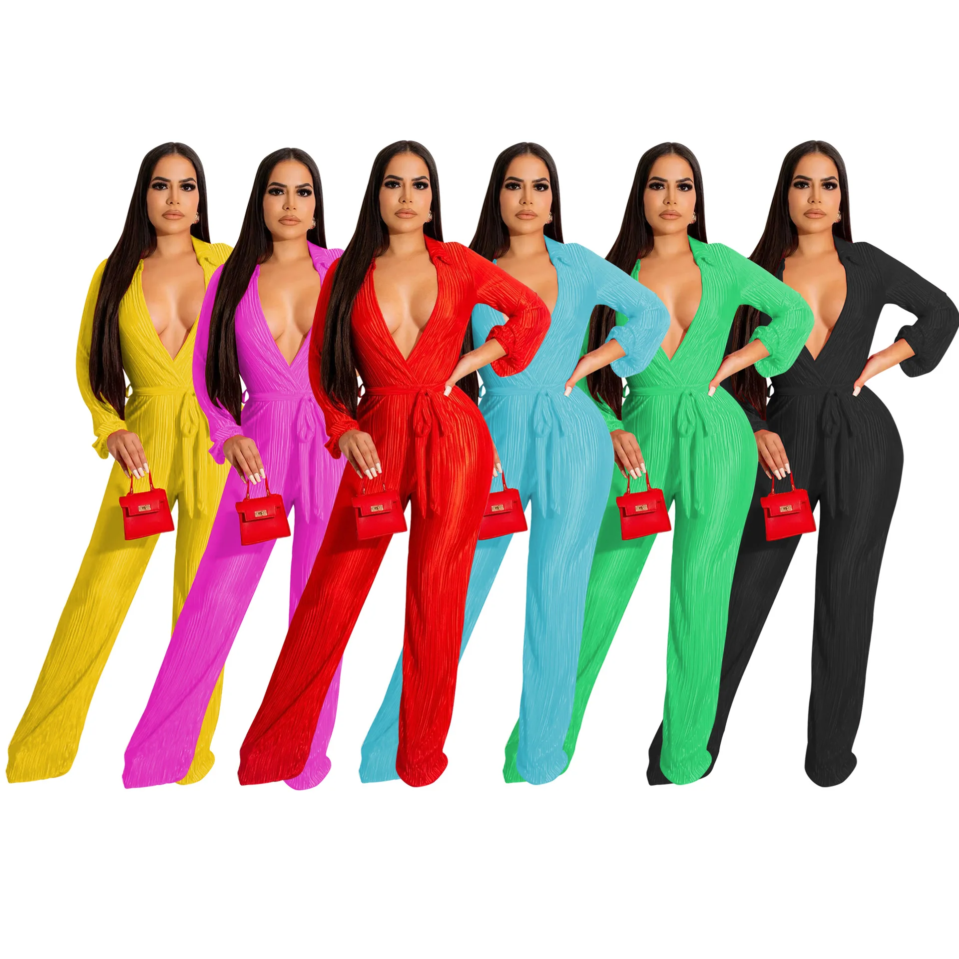 

Женский однотонный комбинезон с глубоким V-образным вырезом и длинным рукавом