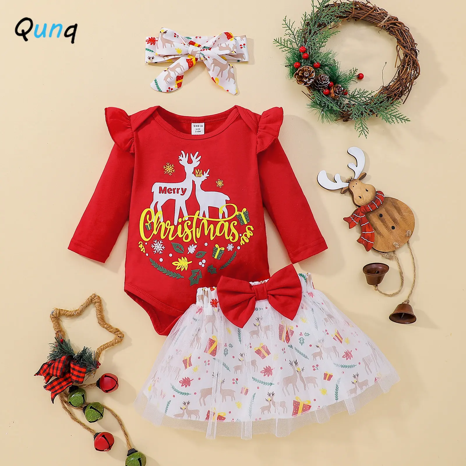 

Qunq Autumn Christmas Suit Baby Girls Long Sleeve Print Top + Mesh Skirt And Hairband 3 Pieces Set Casual Kids Clouthes Age 0-2T