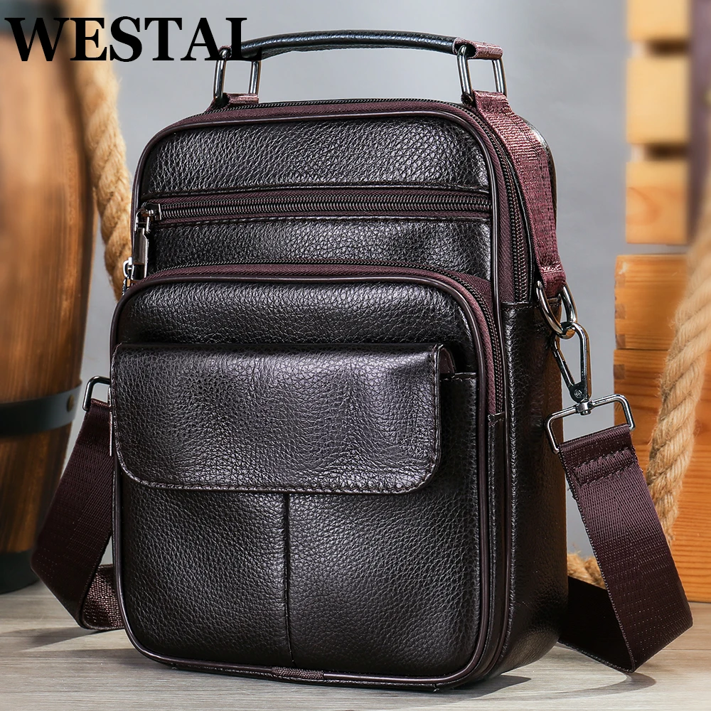 

WESTAL Coffee Shoulder Bags Husband 100% Genuine Leather Crossbody Messenger Bag iPad Designer Phone Top-handle For Men Handbag