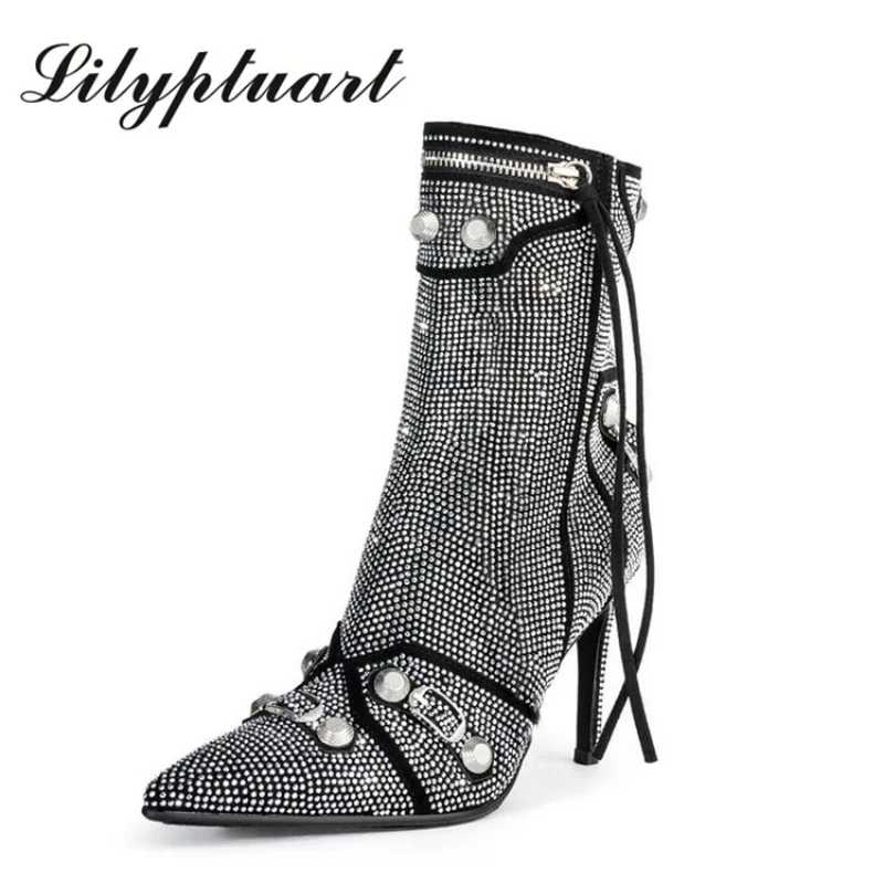 

Women's Fashion Boots Sexy Rhinestone Pointed Thin High-heeled Shoes Retro Metal Zipper Knee Boots Slim Fitting Tassel Shoes