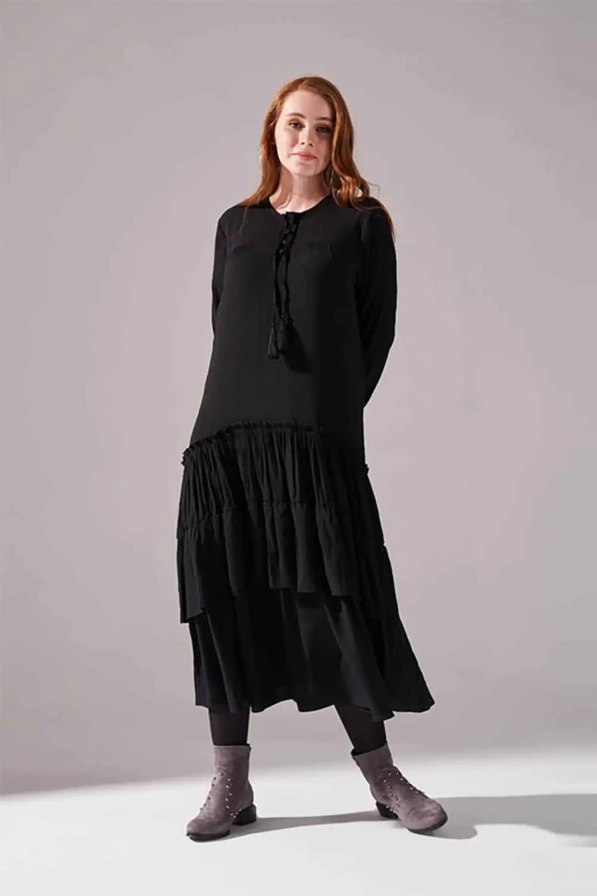 

Women's Dress Layered Detailed With Pleated Sleeves (Black) Summer Fashion Casual Short Sleeve Elegant Dress