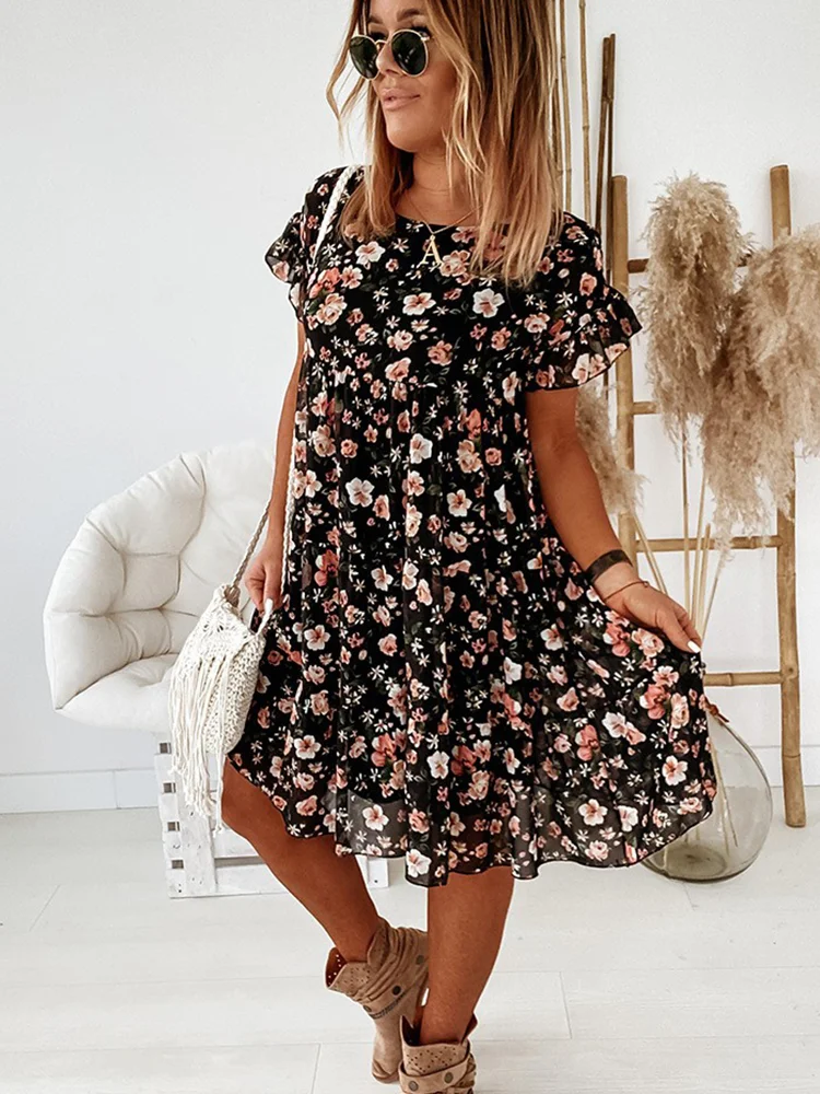 

Dresses for Women 2023 Summer Dress Midi Lady Ruffle A Line Floral Print Sweet Casual O Neck Elegant Swing Short New Women's