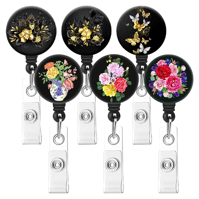 

B36C Floral ID Badge Holder Retractable Reel 360 Spinning for Nurses Doctors Teachers