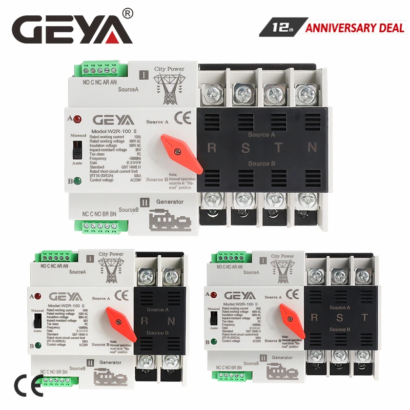 

GEYA Din Rail ATS 110V 220V 63A 100A Dual Power Automatic Transfer Switch 50/60Hz PC Grade Auto or Manual Selection