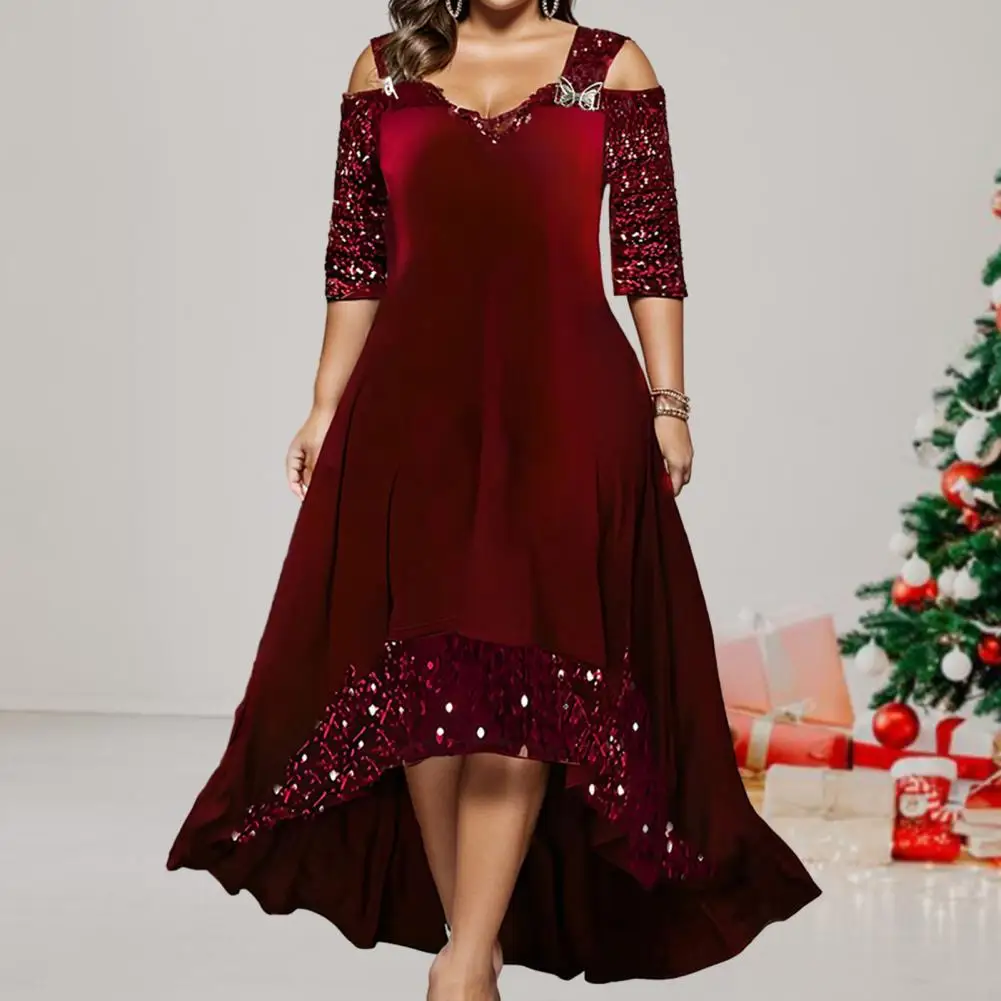 

Off-the-shoulder Dress Elegant Sequin V Neck Prom Party Dress with Off Shoulder Half Sleeves A-line Irregular Hem Plus for Lady