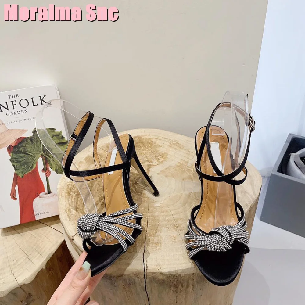 Crystal Knot Open Toe Bling Sandals Narrow Band Stiletto High Heel Ankle Buckle Strap Silver Solid Sexy Women Wedding Shoes 2023