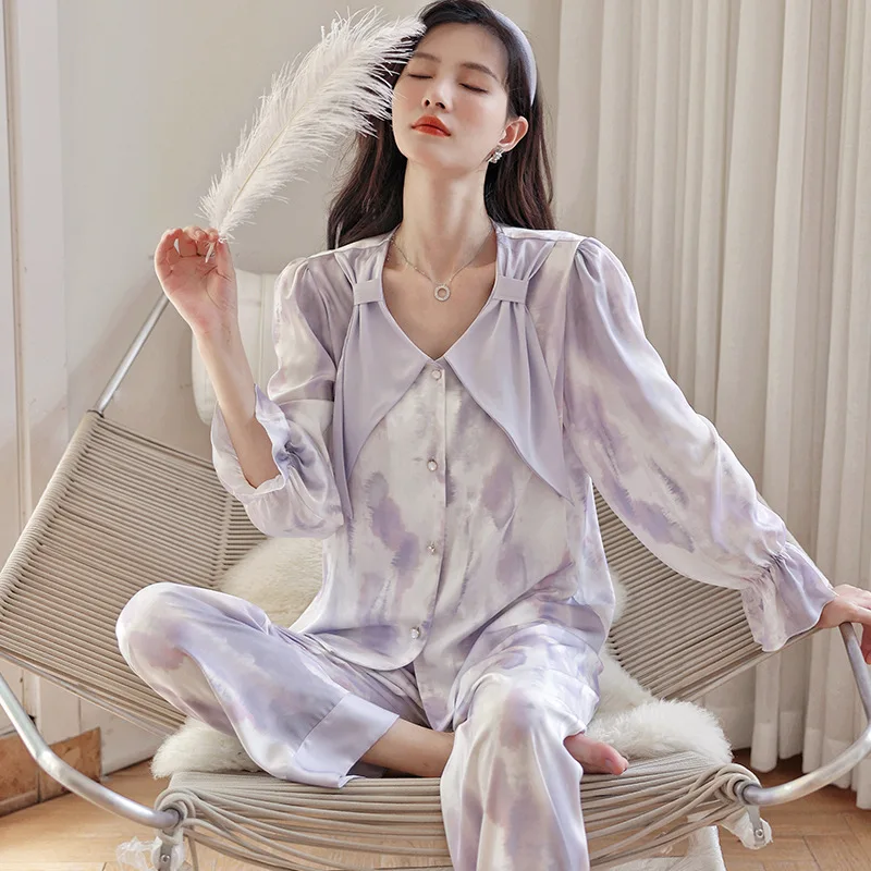 FALLINLAOE Quality Women's Pajamas Set Luxury Tie-dyed Print Sleepwear Silk Like Nightwear Leisure Homewear Femme