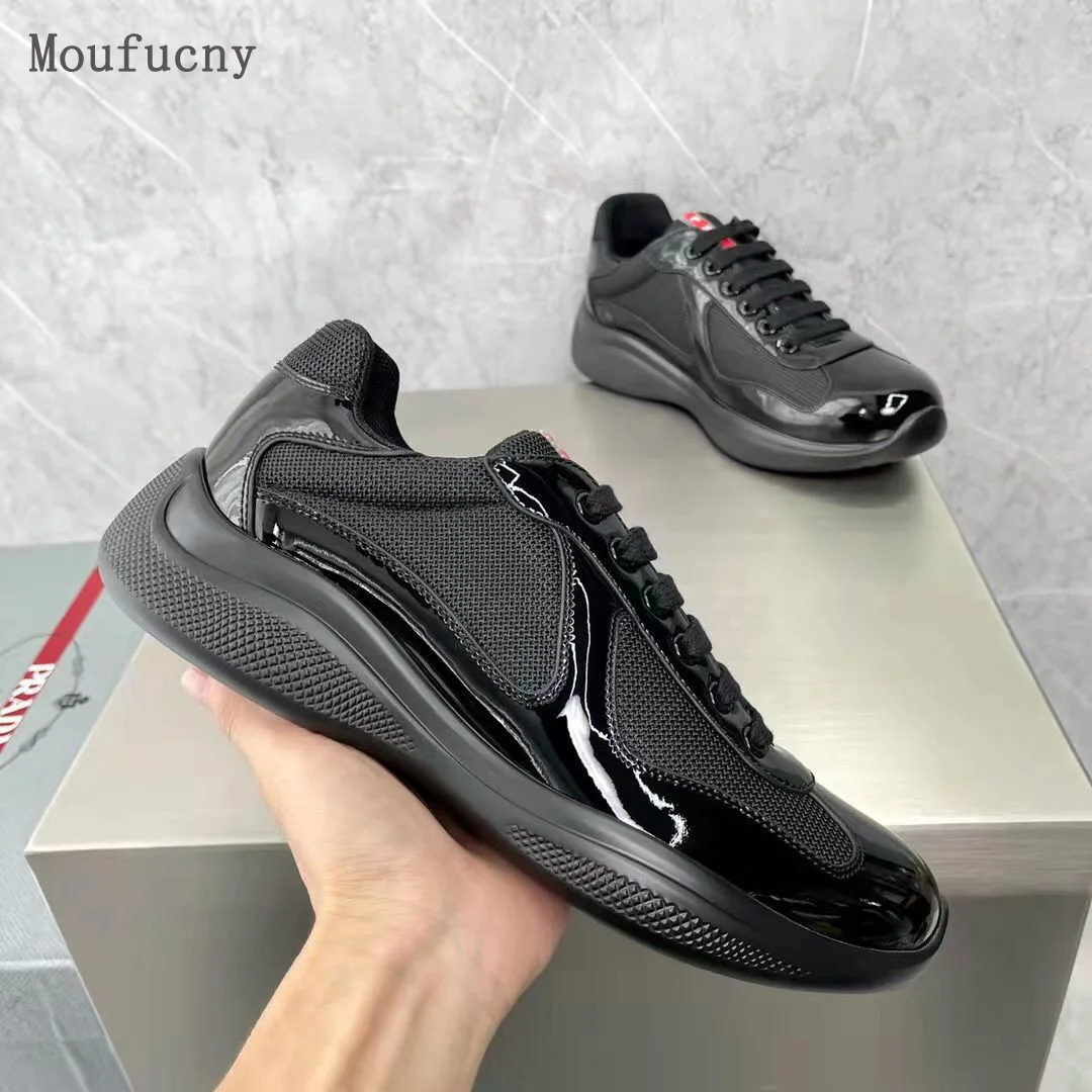 

Men Leather Sneakers High Quality Patent Leather Flat Trainers Mesh Lace-up Casual Shoes Outdoor Runner Trainers Sport Shoes