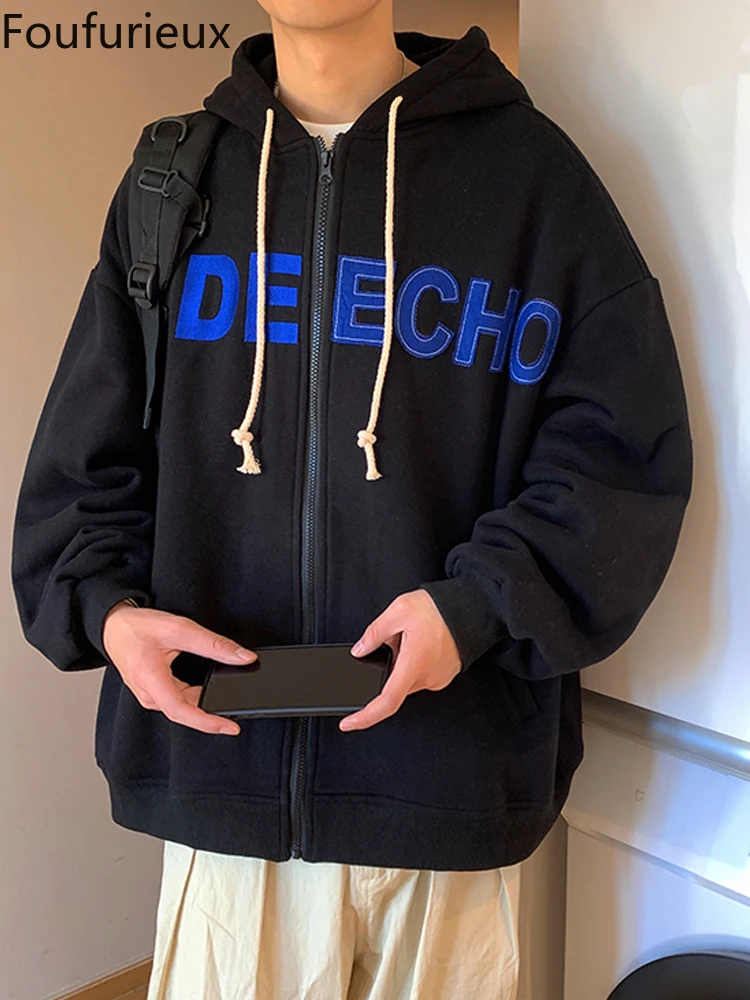 

Foufurieux Hooded Sweatshirt Men Spring Korean Version Loose All-match Cardigan Coat Trend Letter Hooded Clothes Stranger Things