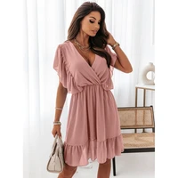 new 2022 summer womens clothing v neck solid color fluttering sleeves waist chiffon dress high quality chic mid length dress