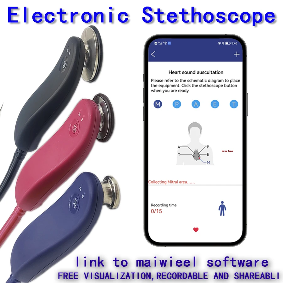 Детский Электронный Bluetooth-стетоскоп, медицинский сердечник, 40-кратное увеличение, управление через приложение, стетоскоп для медицинских людей