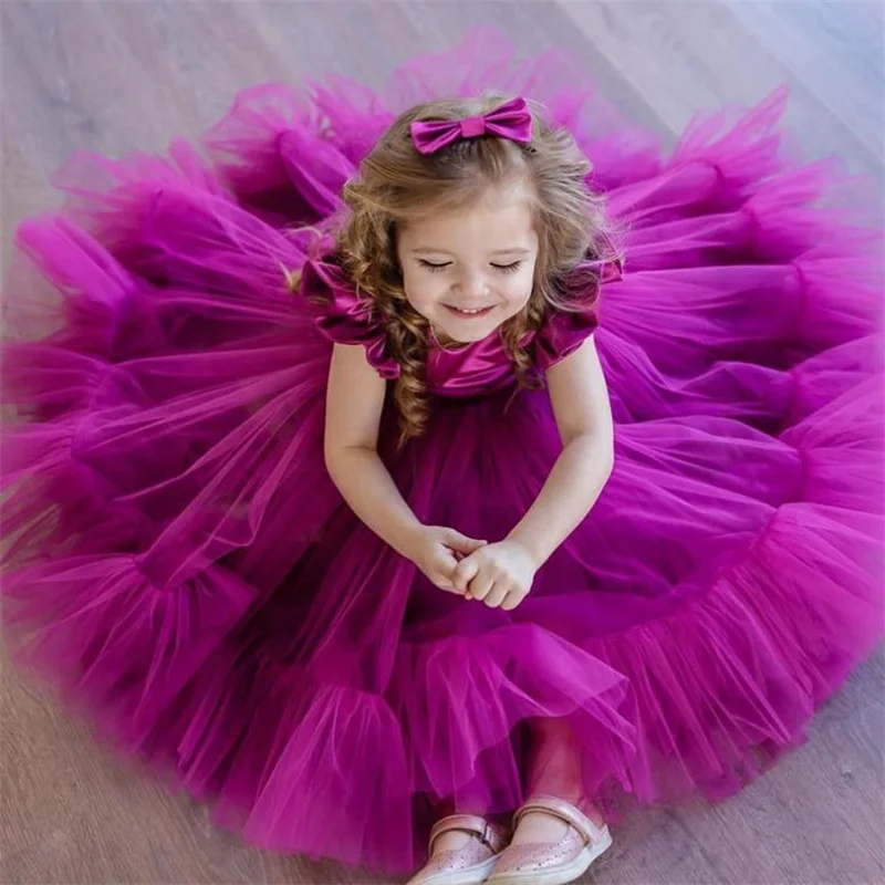 

Girls party mesh dress girls birthday children a line multi-layer dress headwear