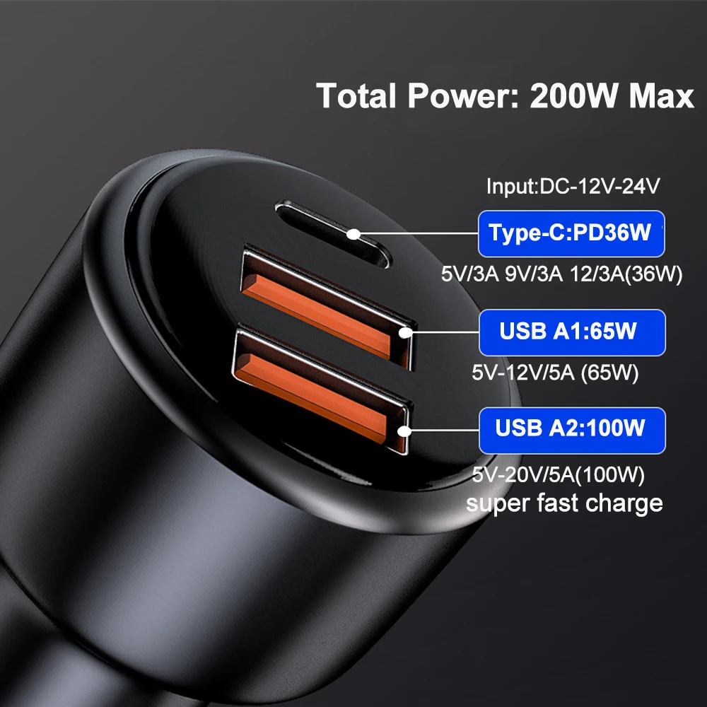 USB Car Charger 200W 125W Super Fast Charger 100W 65W PD Type-C Quick Charge3.0  For HUAWEI OPPO VOOC IPhone Xiaomi Mobile Phone