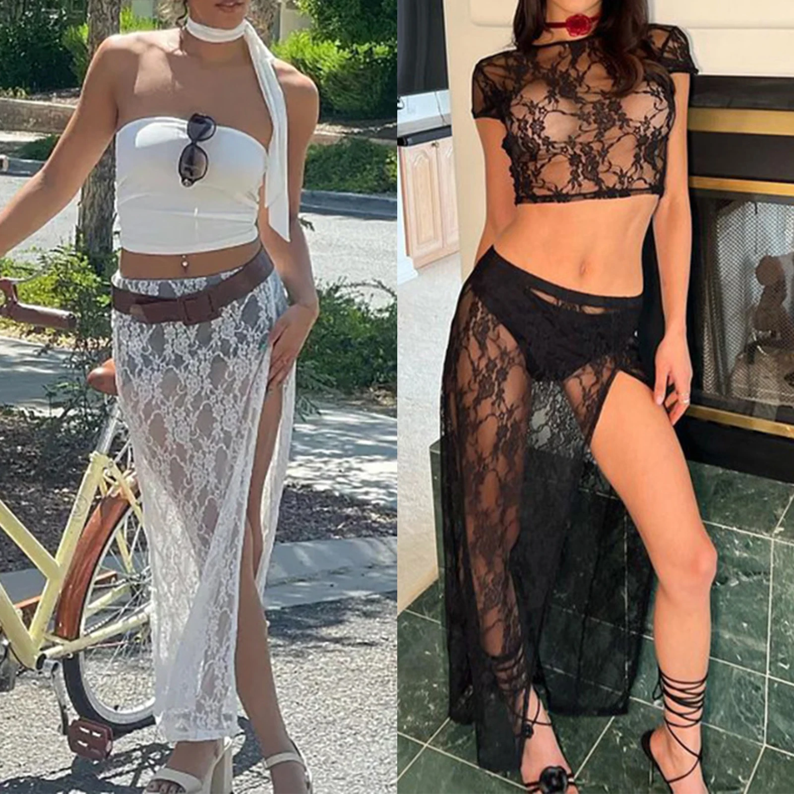 

2023 Women Slim Fit Summer Long Skirt Suit Navel Exposed Ladies 2 Piece Lace Shirt Skirt Sets See Through Short Sleeve Beachwear