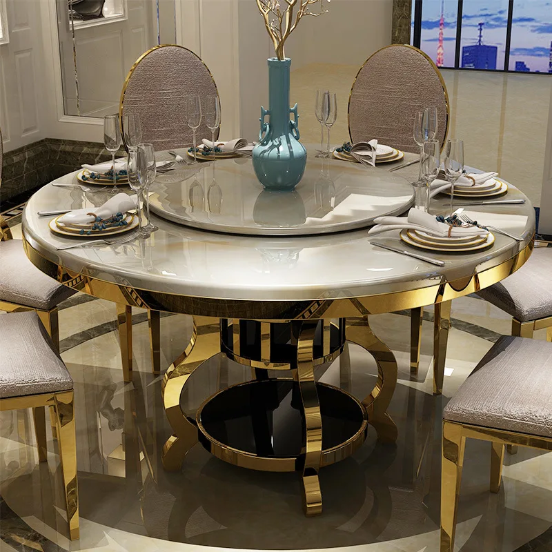 

European-Style Marble Dining Tables and Chairs Set Post-Modern Simple round Table with Turntable Light Luxury