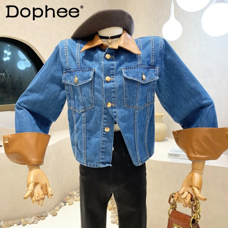 

2022 Spring New Street Cool Fashion PU Leather Patchwork Denim Jacket Women Coat Loose Temperament Short Jean Jacket OuterWear