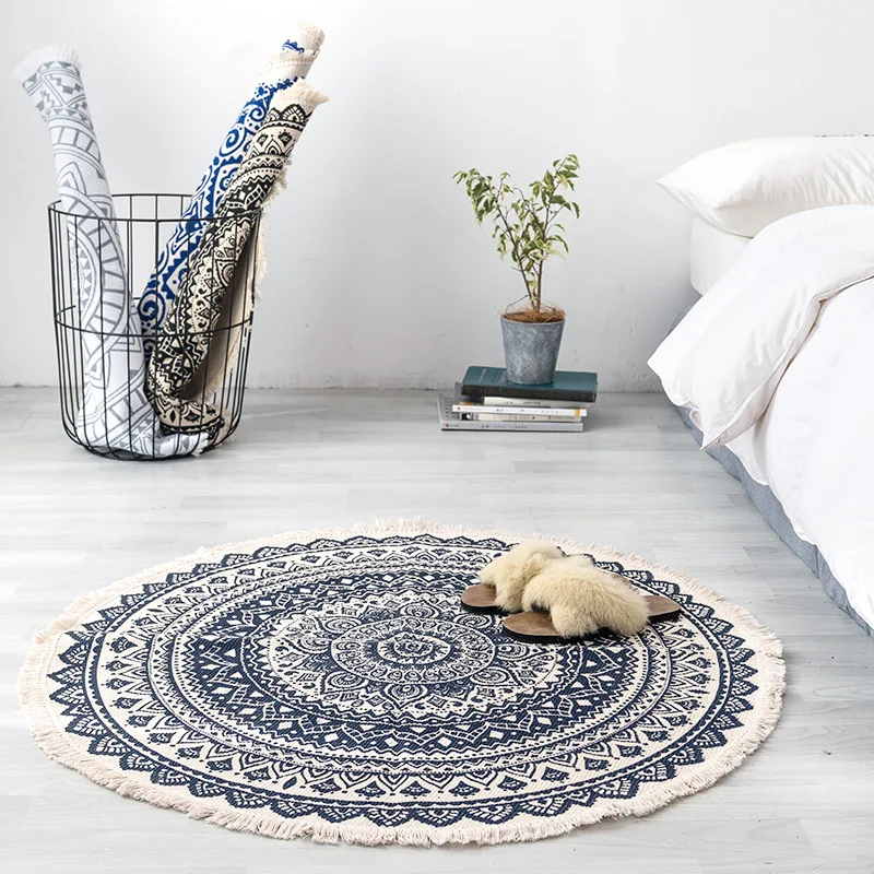 Nordic Round Carpet Cotton Linen Bohemian Floor Mat Non-slip Carpets for Living Room Bedroom Doormat Boho Macrame Area Rugs