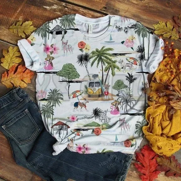 Комочко спаниель-Гавайский пляж ретро 3D футболки с принтом по всей площади