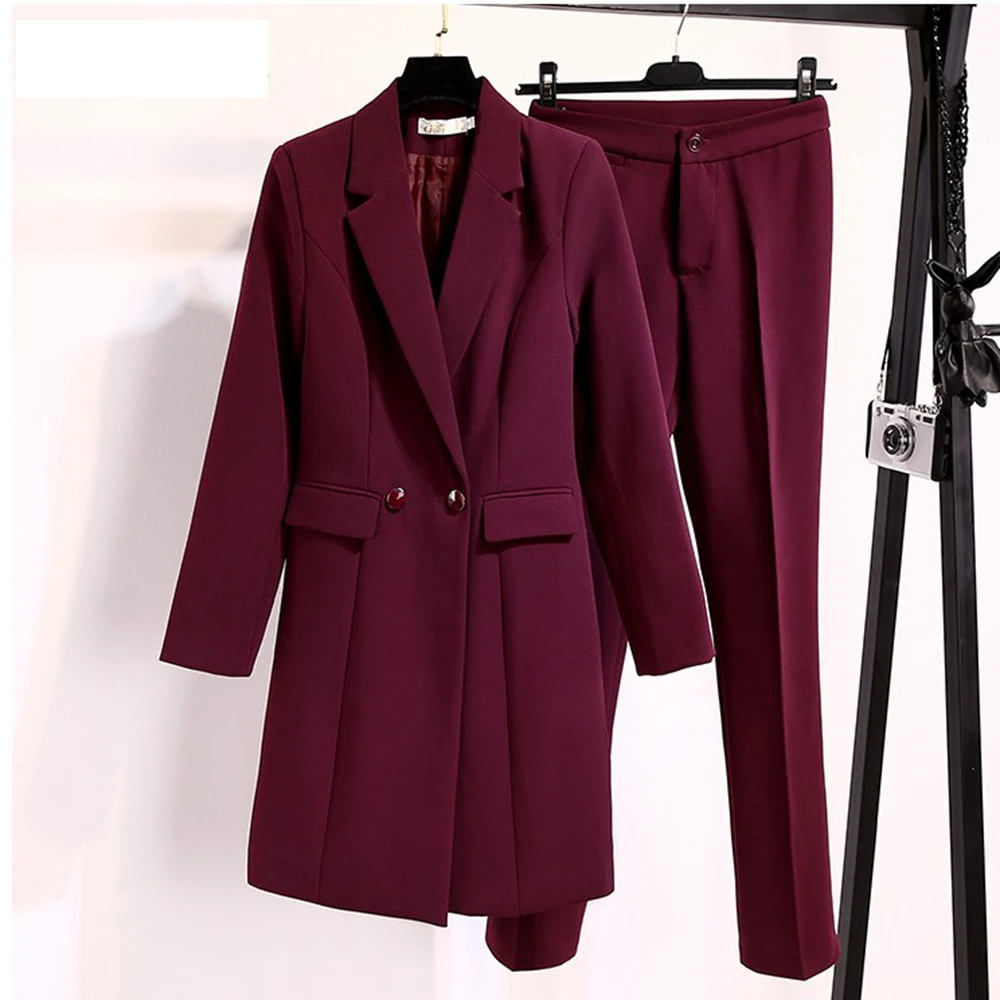 

2022 Autumn Formal Ladies Fuchsia Long Blazer Women Business Suits with Sets Work Wear Office Uniform Large Size Pants Jacket