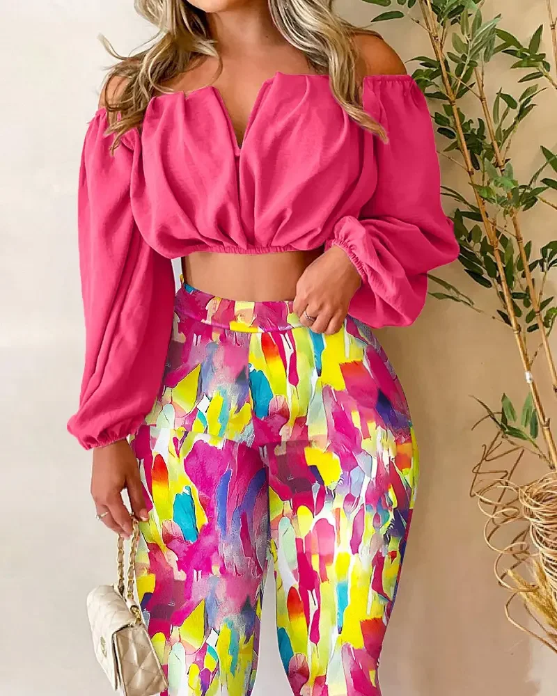 

CHAXIAOA 2 Piece Summer 2022 Women Off Shoulder Ruched Crop Top Abstract Print Chic Vacation Pants Set