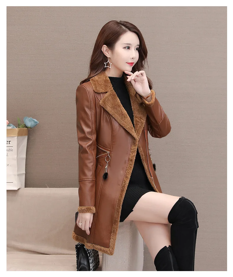 Women Faux Leather Windbreaker Plus Velvet Thick PU Leather Woollen Overcoat V Collar Large Size Fashion Warm Leather Jacket