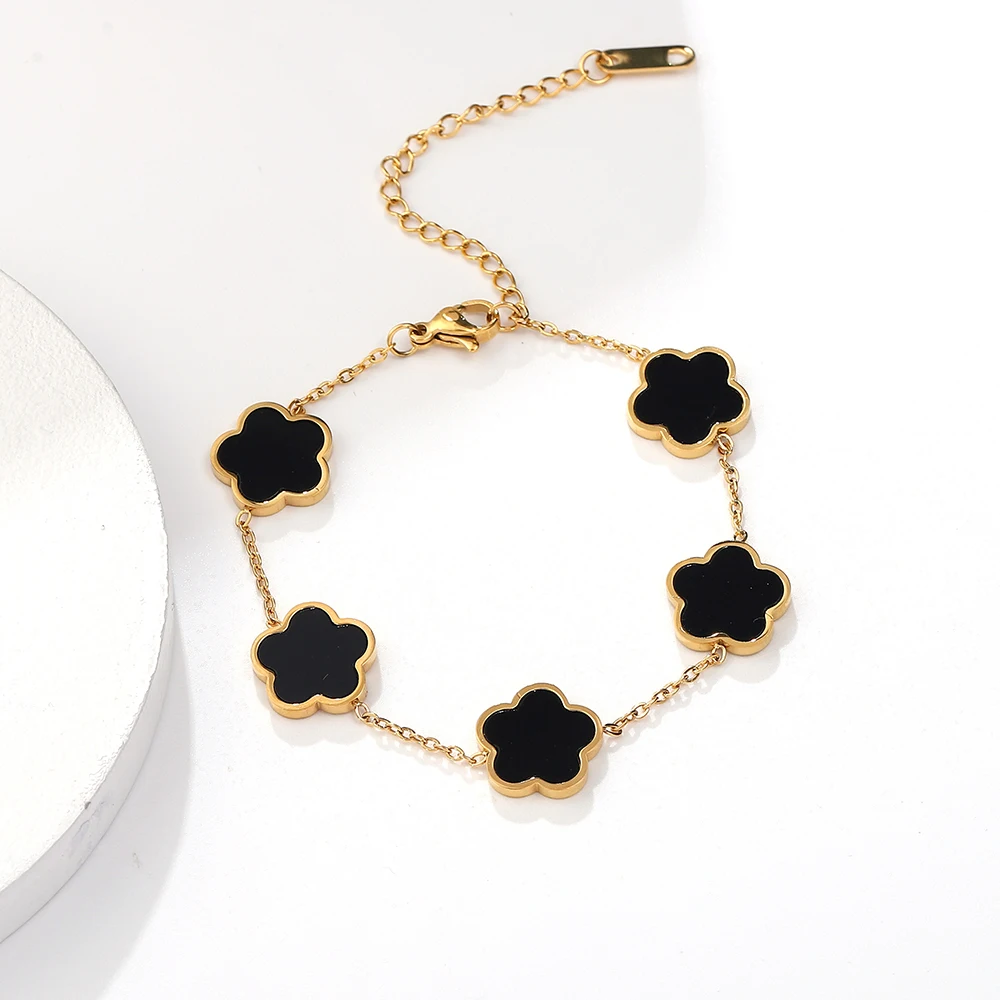 Trendy Colorful Shell 5 Flowers Charm Bracelet for Women Stainless Steel Chain Gold Plated No Fade Bracelet Five Leaf Jewelry