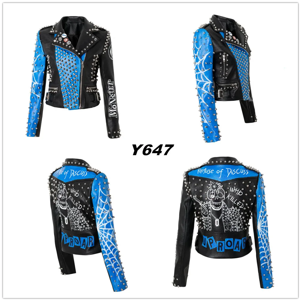 Spring Cropped Fashion Contrast Color Jacket Women Plus Size Motorcycle PU Leather Jacket Letter Graffiti Rivets Slim Coat  Y647