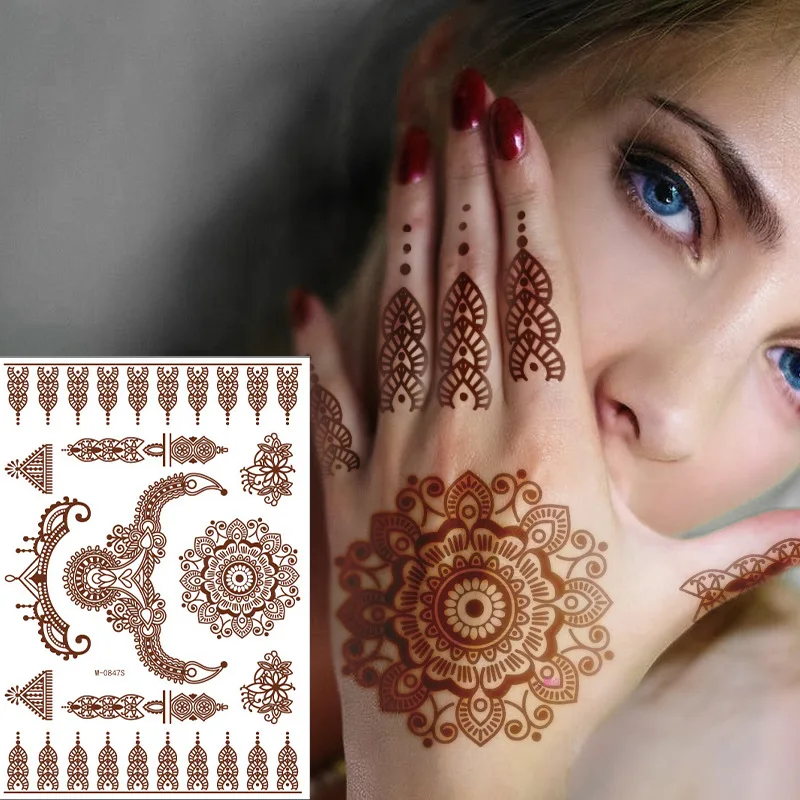 

Semi Permanent Brownish Red Indian Lace Tattoo Sticker Half Handmade Semi Mechanical Transfer Temporary Tattoos Best 208*148mm