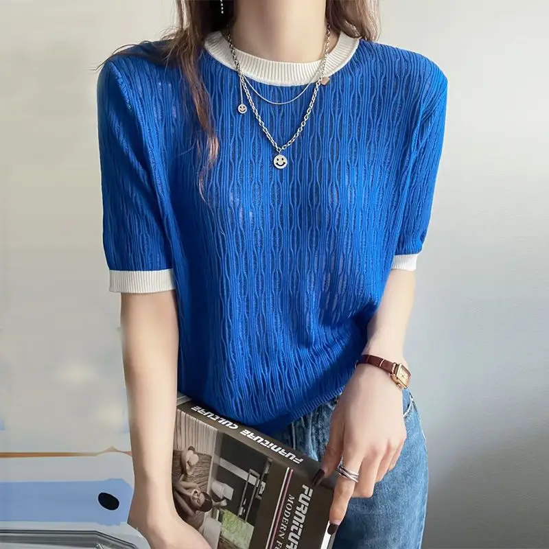 

Fashion O-Neck Spliced Short Sleeve Hollow Out Blouse Women's Clothing 2023 Summer New Oversized Casual Pullovers Korean Shirt