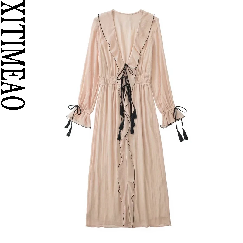 

Xitimeao Women Fashion Tied Tassel Ruffled Midi Dress Vintage Long Sleeve With Lining Female Dresses Vestidos Chic