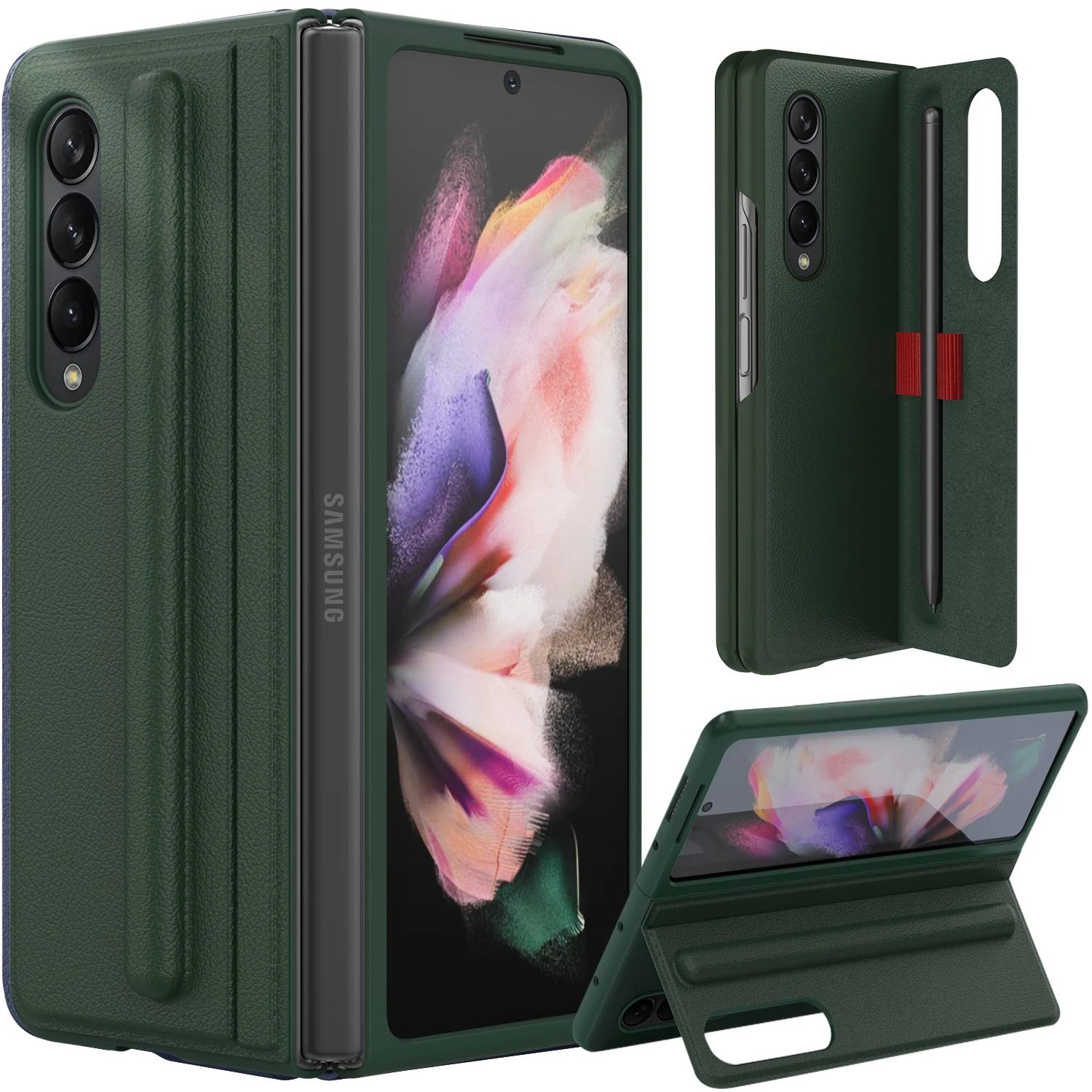 

Real Leather Cover For Samsung Galaxy Z Fold 3 Case with S Pen Slot Lychee Pattern Z Fold3 Magnetic Flip Case with Pen Holder
