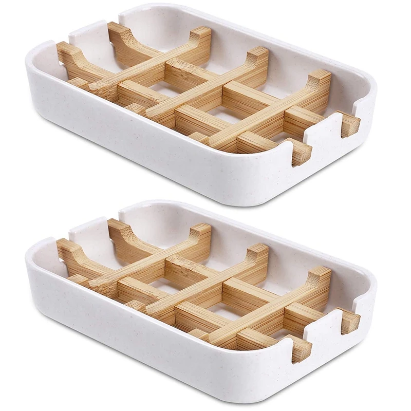 

Two Pack Bamboo Soap Dishes for Bathroom Bar Soap Holder Shower Soap Holder Sink Deck Bathtub (Two Pieces White)