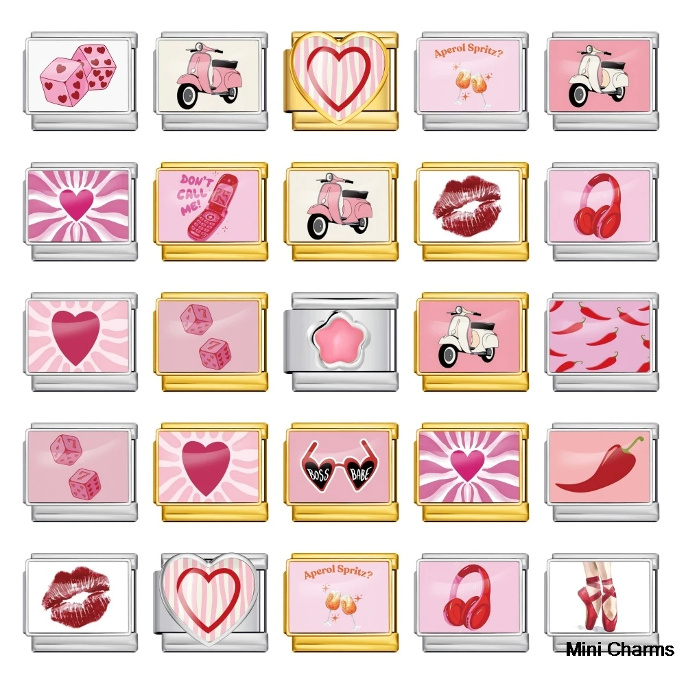 Модные розовые наушники Love Dice с большими красными губами, итальянские звенья, подходят для браслета из нержавеющей стали 9 мм, изготовление очаровательных ювелирных изделий своими руками