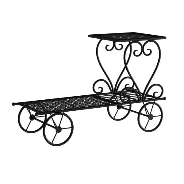 

Stand 2-Tiered Indoor or Outdoor Decorative Vintage Look Wrought Iron Cart for Patio, Deck, Home or Lawn by (Black)