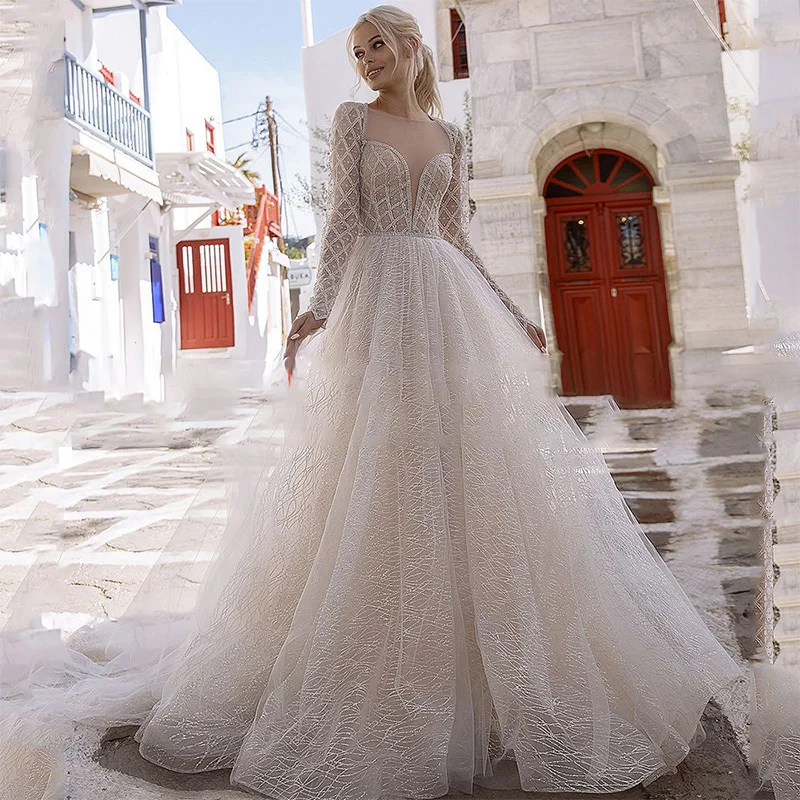 

Luxury Wedding Dress Cut-out Tulle Glitter Sashes Exquisite Appliques Buttons Mopping Gown 2022 Vestido De Novia For Women